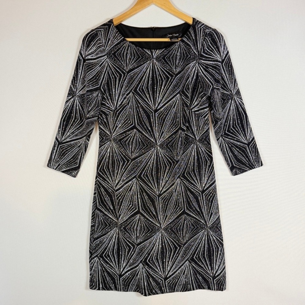 Jessica Howard Womens 6 Petite Shift Dress Black Metallic Cocktail Party Sparkle
